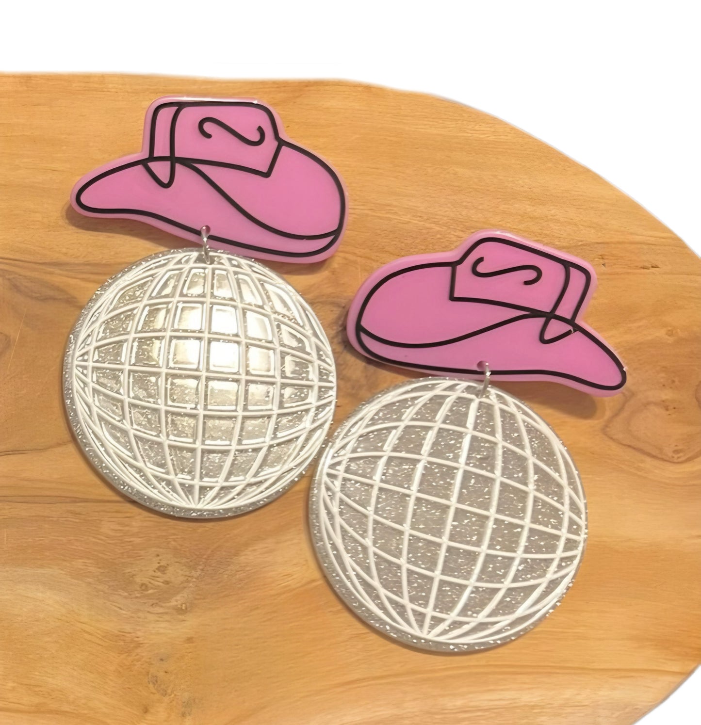 Cowboy Hat Earrings With Glitter Disco Ball - Pink & Purple