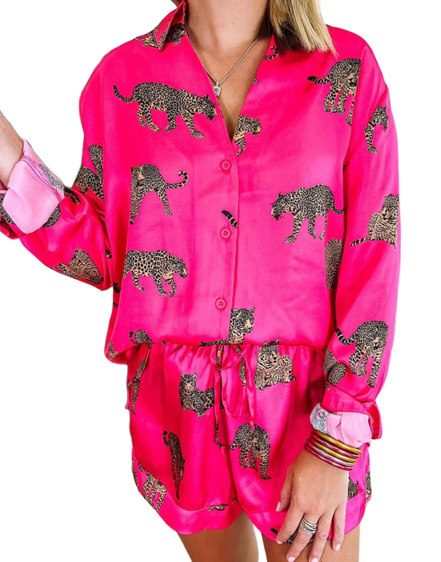 Strawberry Pink Cheetah Print Satin Lounge + Pajama Set