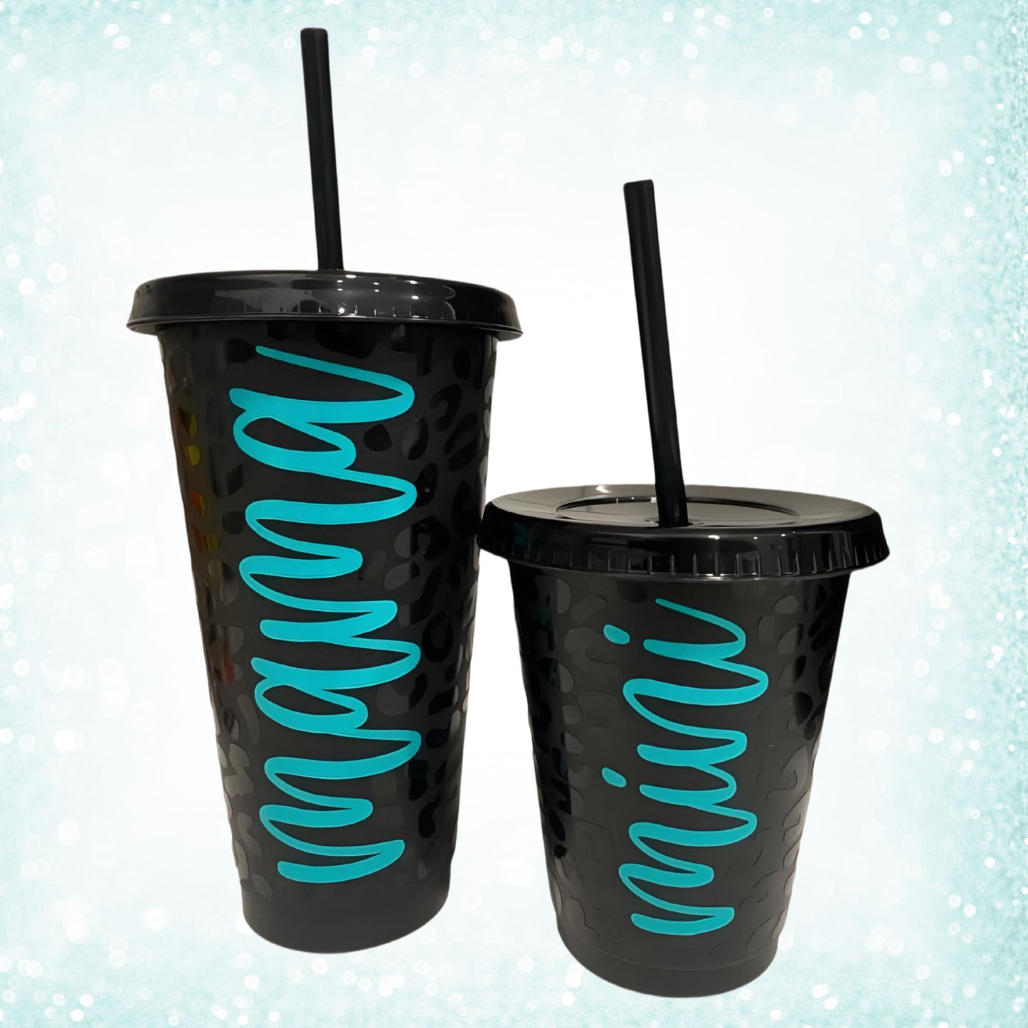 Mama & Mini Reusable Cold Cups Matching Set - Black Leopard/Teal