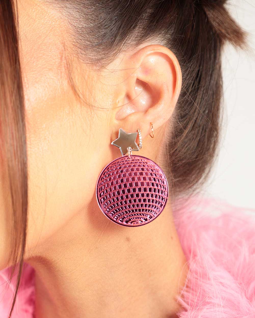 Retro Disco Ball Stud Earrings - Pink