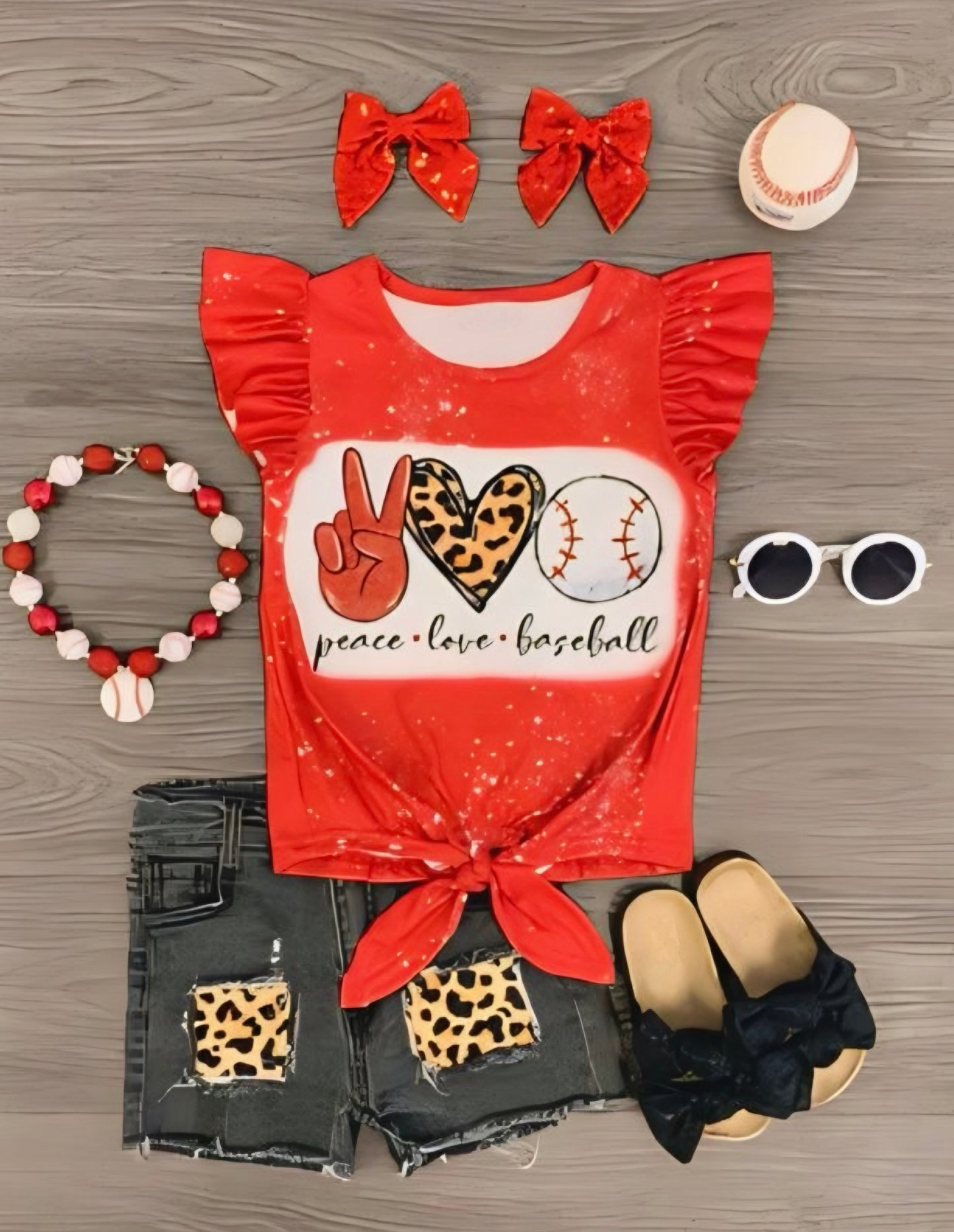 Girls “Peace, Love, Baseball” Red & Cheetah SET