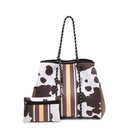 Cow Print Mid Stripe Neoprene Tote Bag