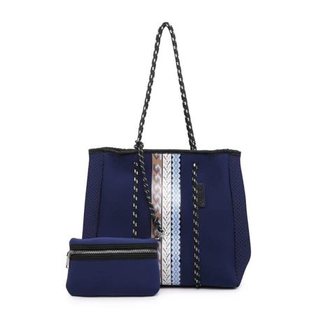 Navy Blue Aztec Stripe Neoprene Tote Bag