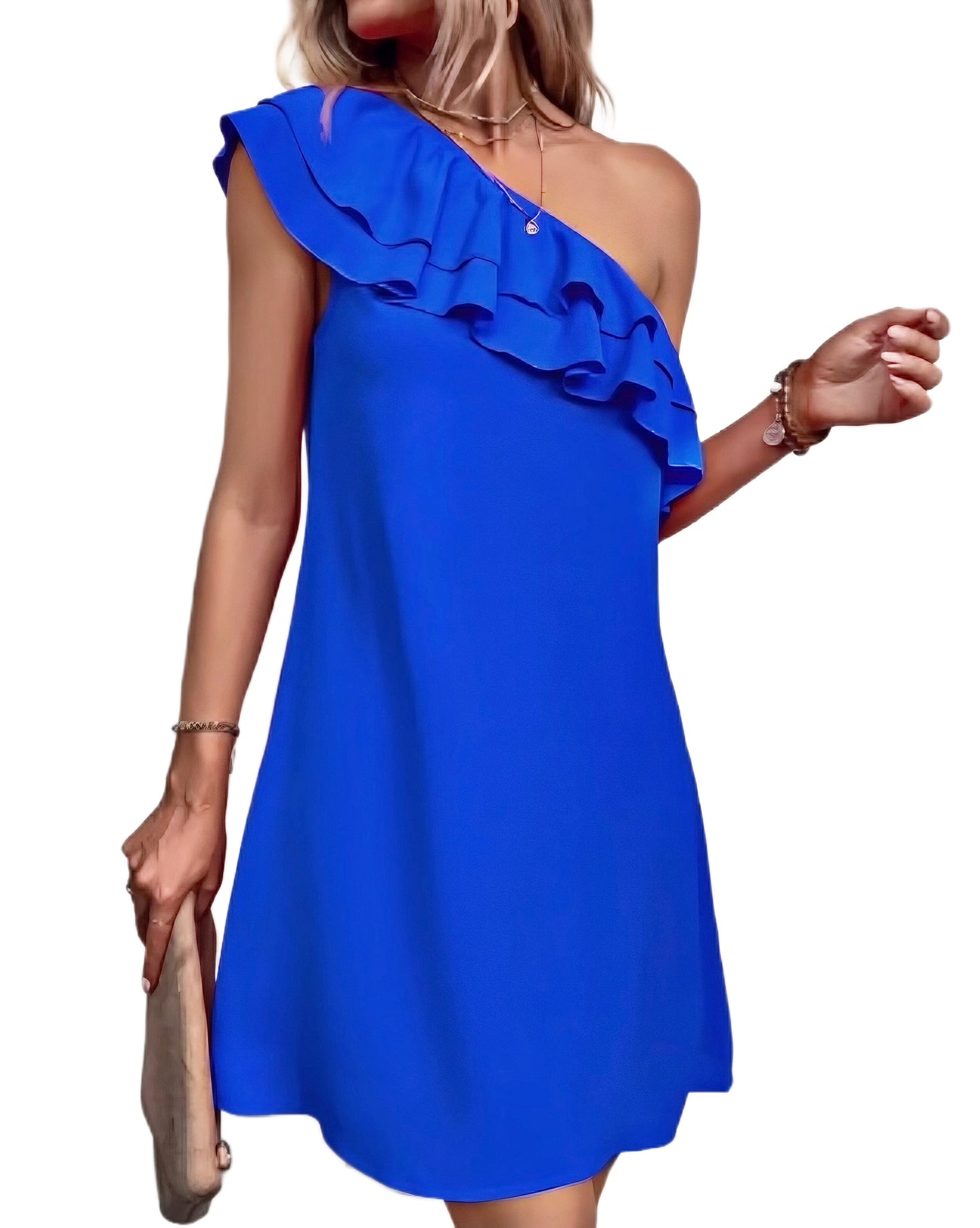 Ruffled One-Shoulder Dress in Cobalt Blue