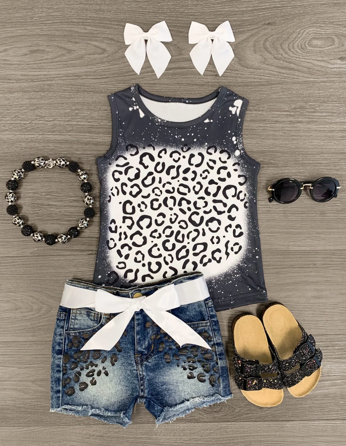 Girls Black & White Cheetah Denim Short SET