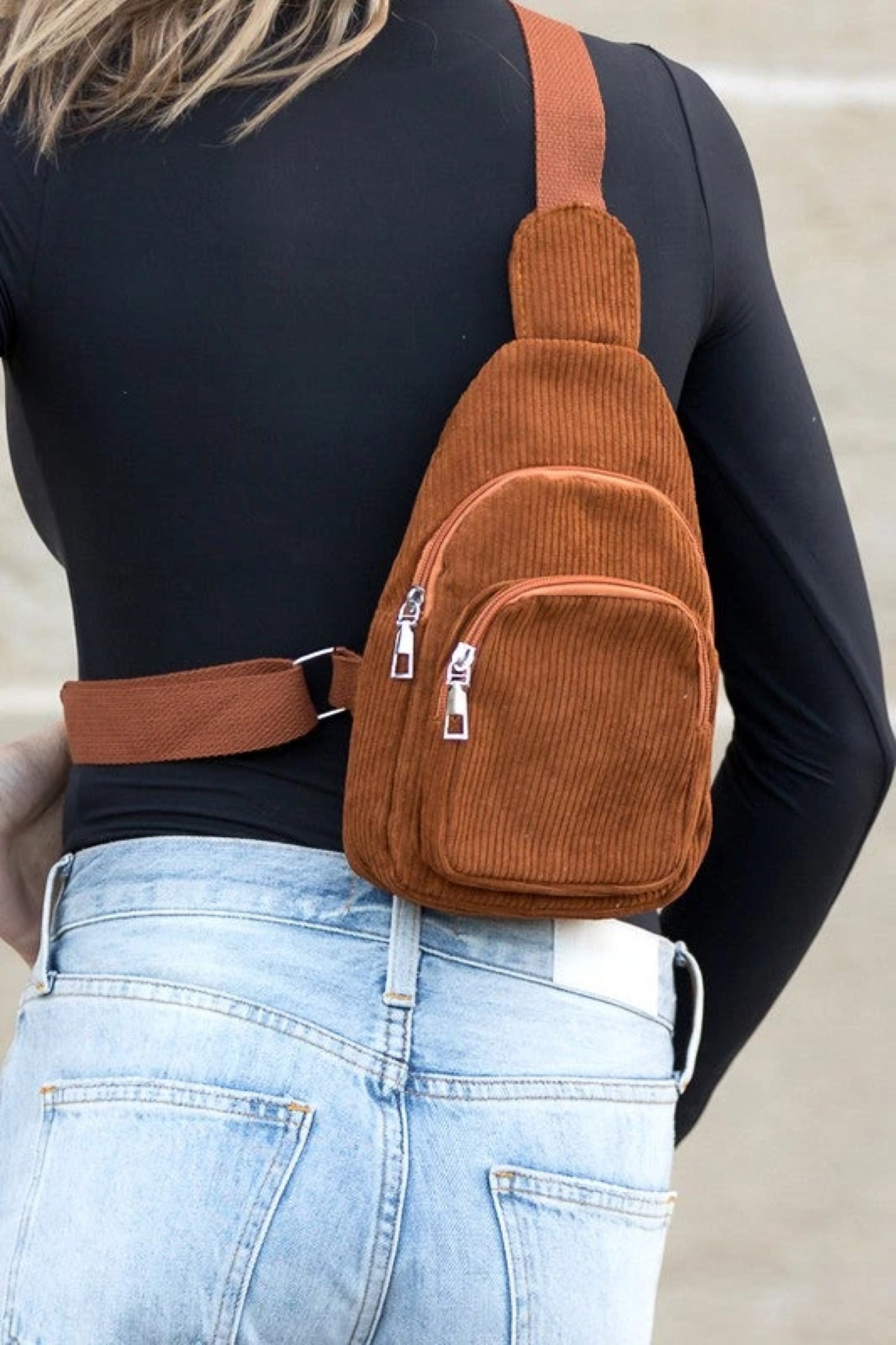 Corduroy Sling Bag Crossbody in Camel