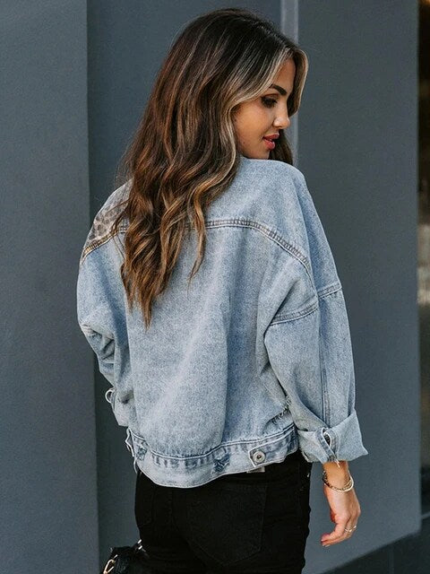 Leopard Patchwork Blue Jean Denim Jacket