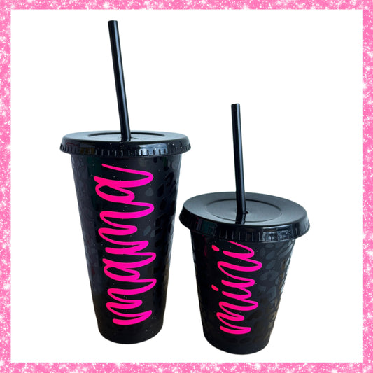 Mama & Mini Reusable Cold Cups Matching Set - Black Leopard/Hot Pink