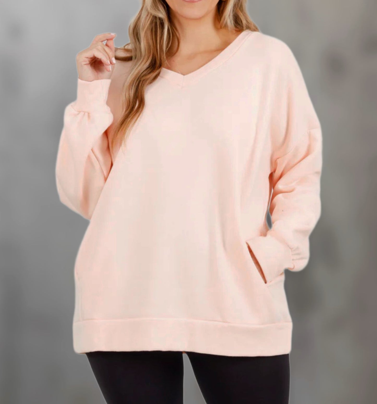 Light Peach V-Neck Pullover with Pockets