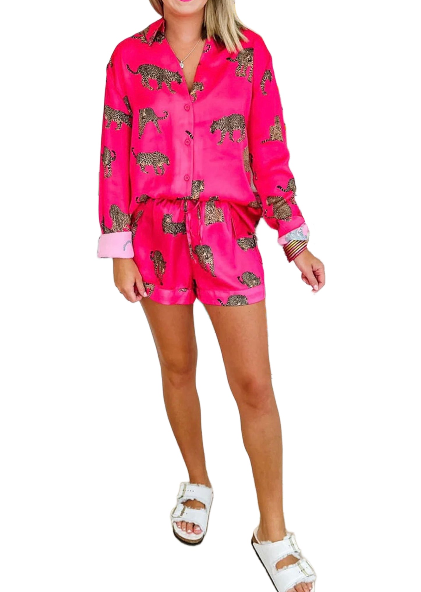 Strawberry Pink Cheetah Print Satin Lounge + Pajama Set