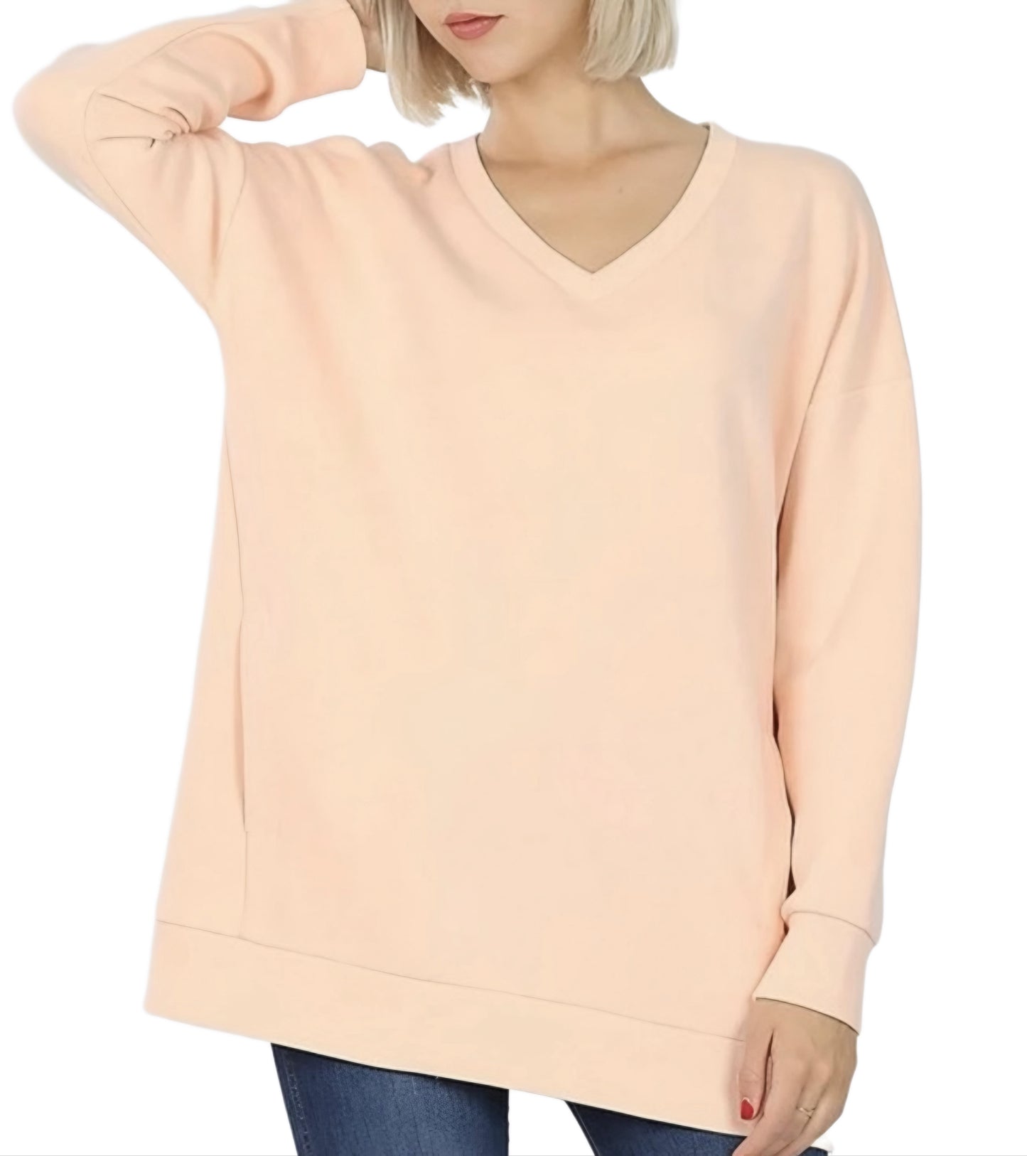 Light Peach V-Neck Pullover with Pockets