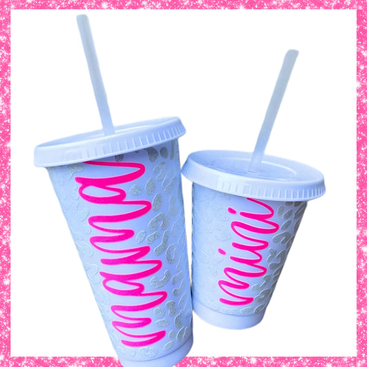 Mama & Mini Reusable Cold Cups Matching Set - White Leopard/Hot Pink