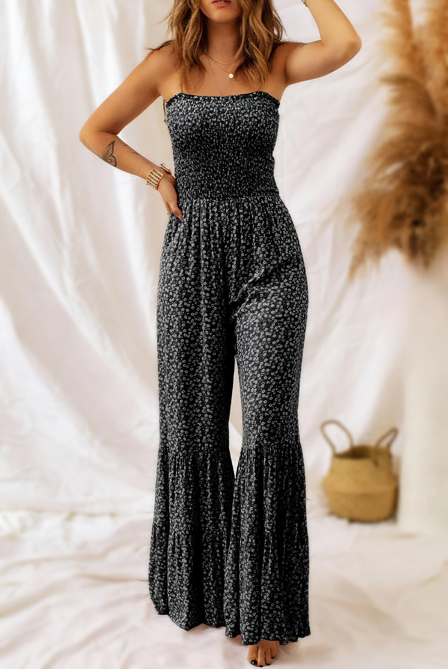 Gypsy Smocked Wide Leg Black Floral Jumpsuit