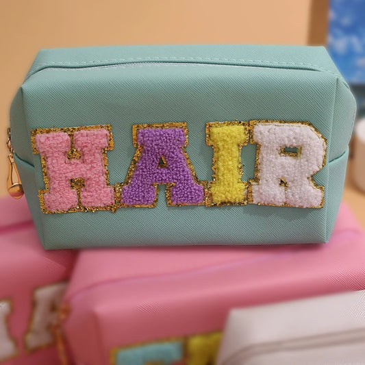 Teal Preppy Patch “Hair” Cosmetic Bag