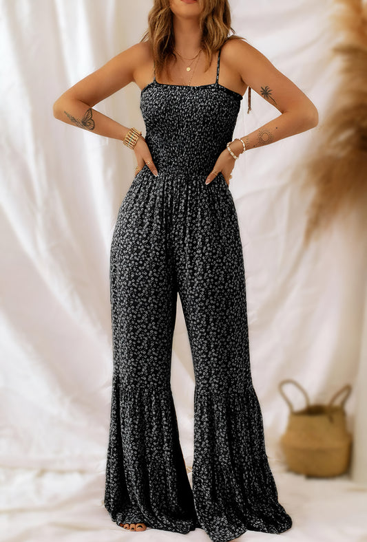 Gypsy Smocked Wide Leg Black Floral Jumpsuit