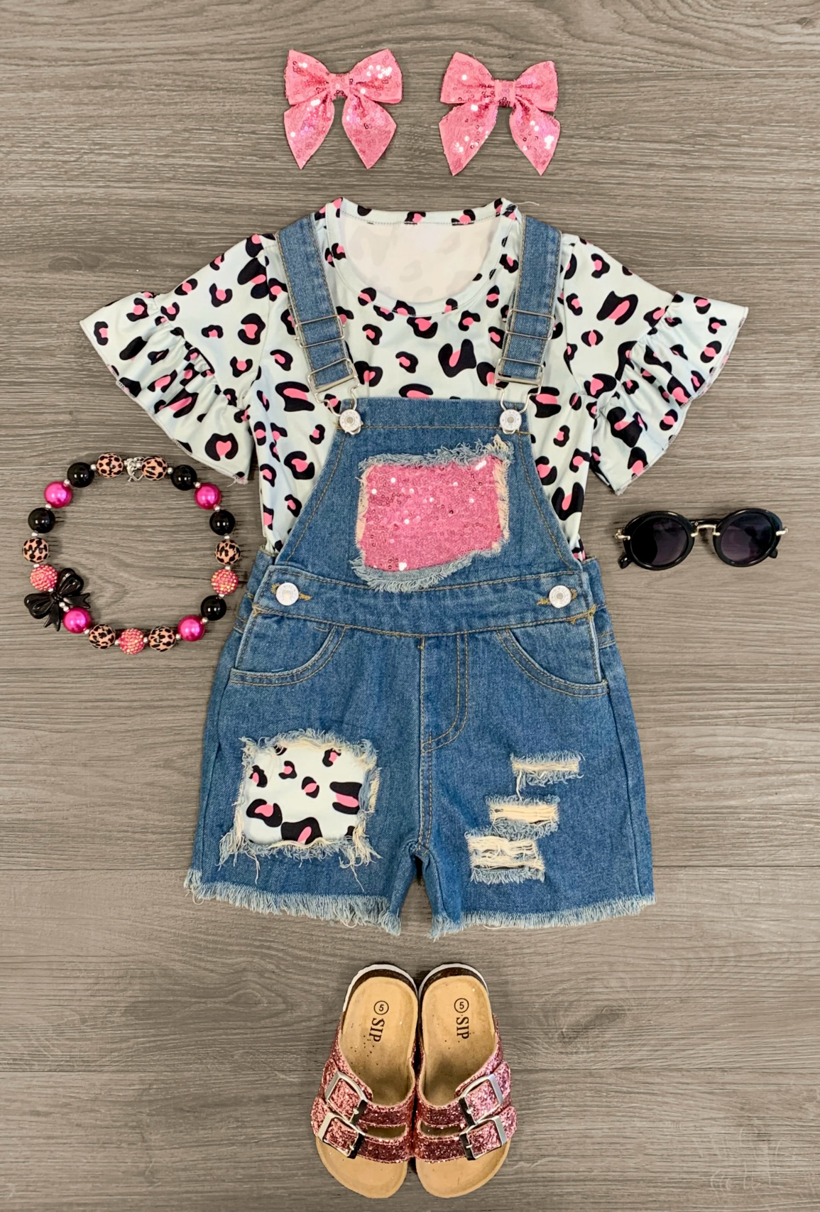 Cheetah & Pink Sequins Denim Overall Short SET