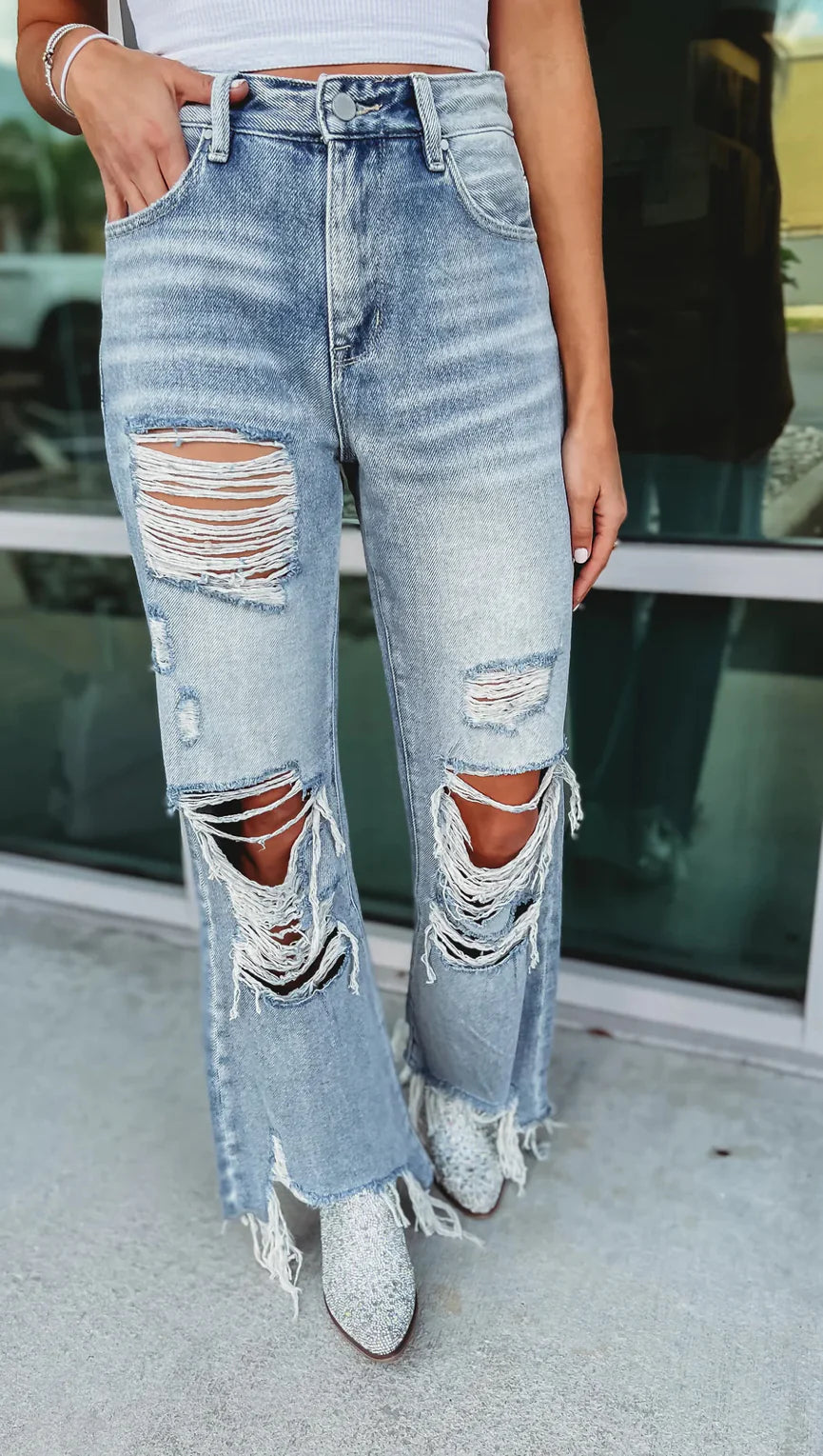 Distressed High Rise Vintage Cropped Flare Jeans