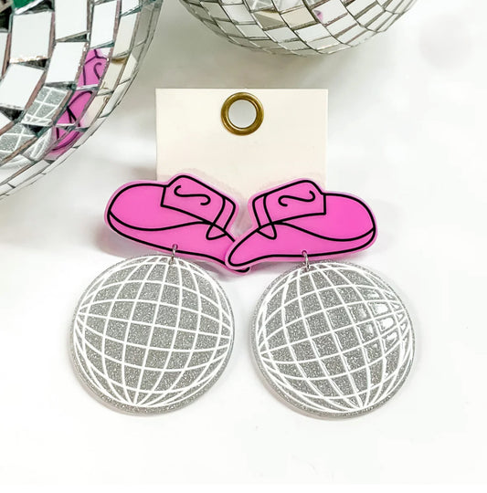 Cowboy Hat Earrings With Glitter Disco Ball - Pink & Purple