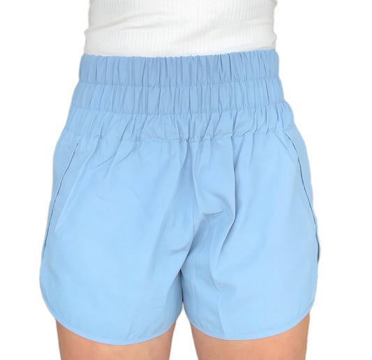 High Waisted Active Shorts With Smocked Waistband - Spring Blue