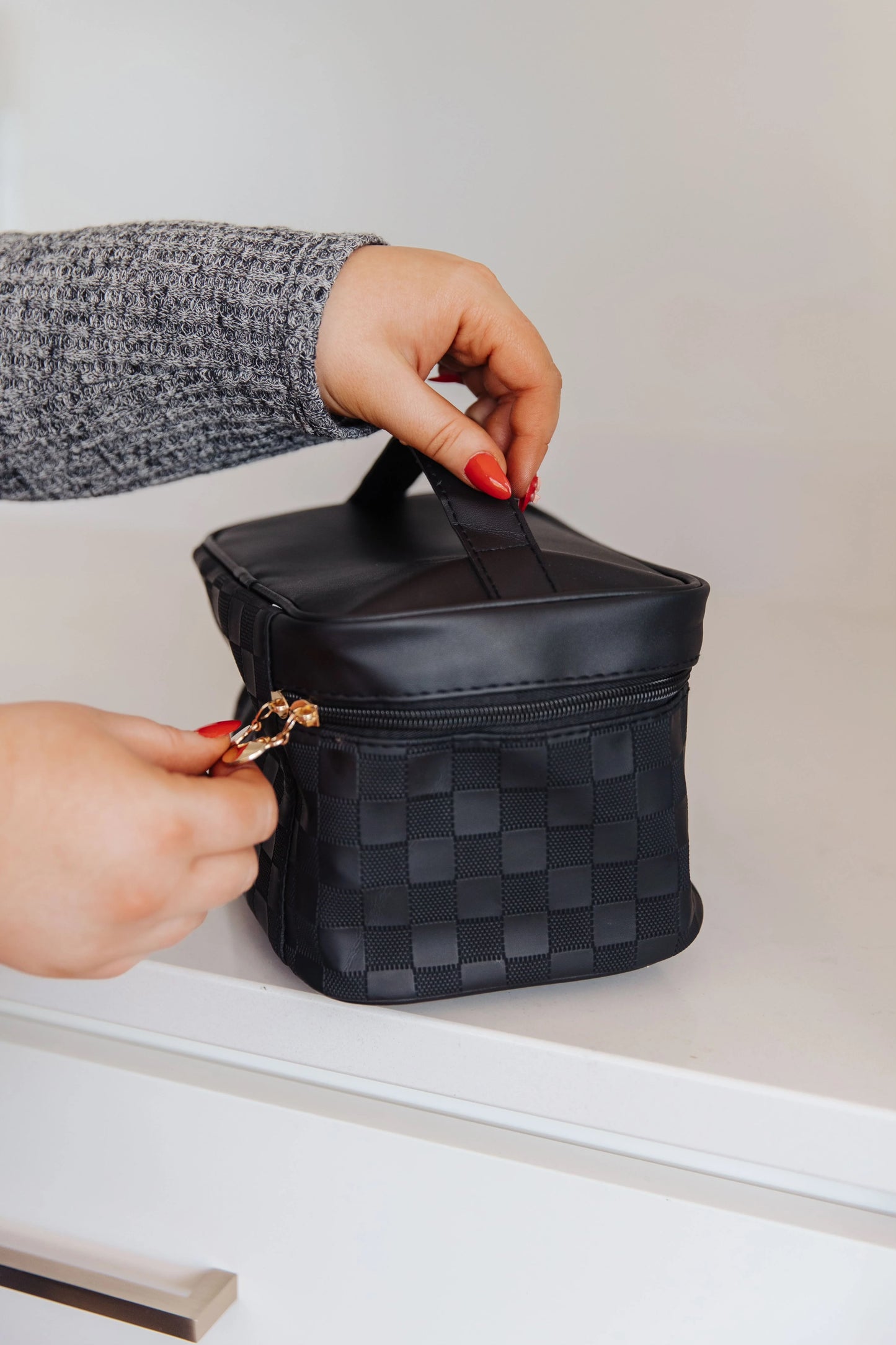 3PC Black Subtly Checkered Cosmetic Bag