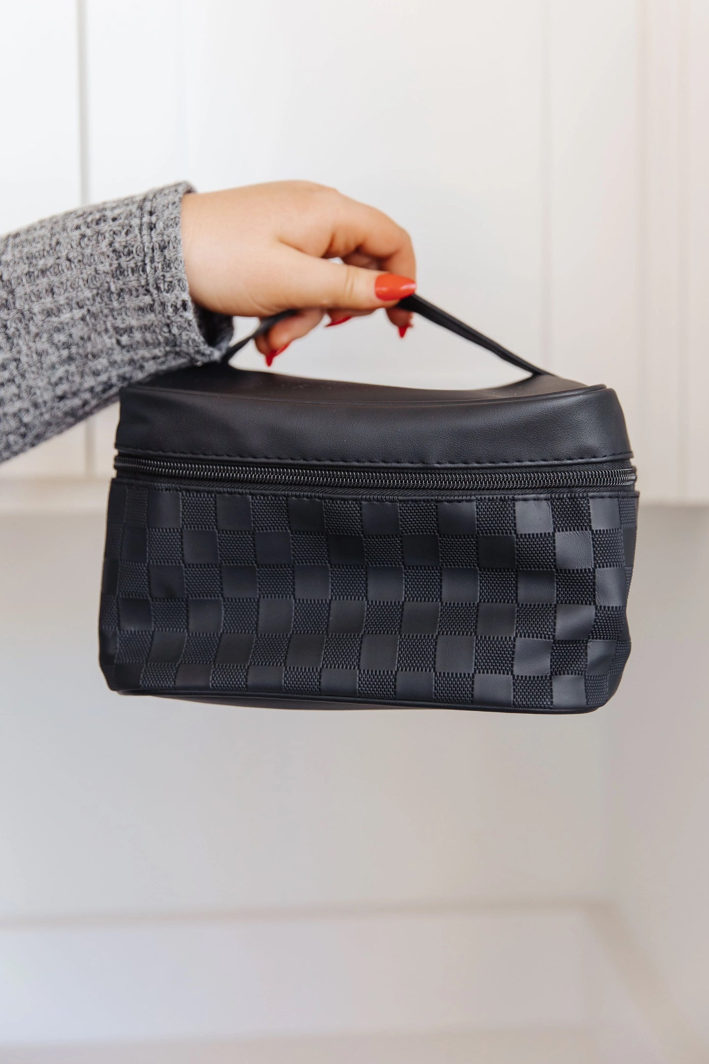 3PC Black Subtly Checkered Cosmetic Bag