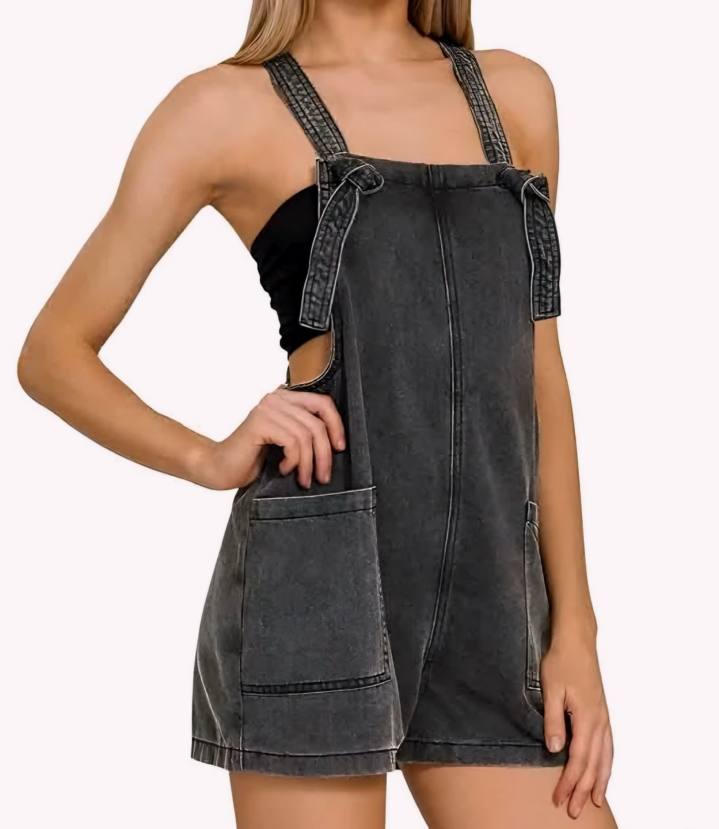 Black Washed Knot Strap Romper